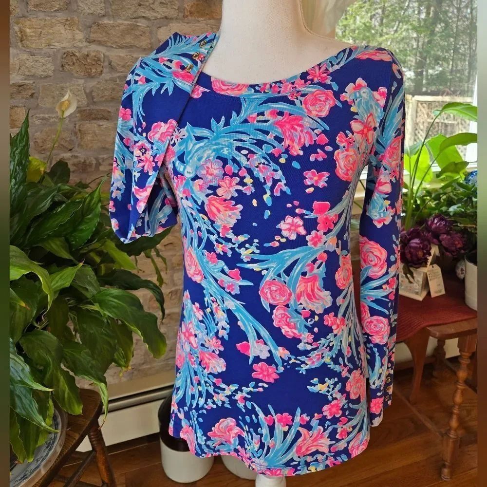 Lilly Pulitzer Navy Blue Multicolor Floral Long Sleeve Top XS